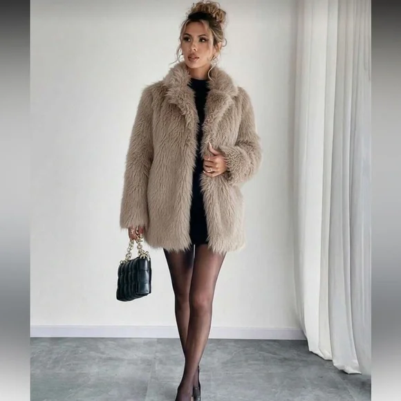 LAST CHANCE ❤️ Luxury faux fur coat lapel collar jacket tan brown - Picture 3 of 5